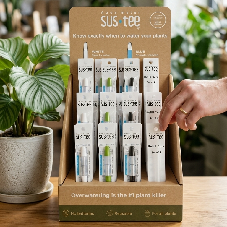 Box of Sustee plant care products on a table with plants in the background