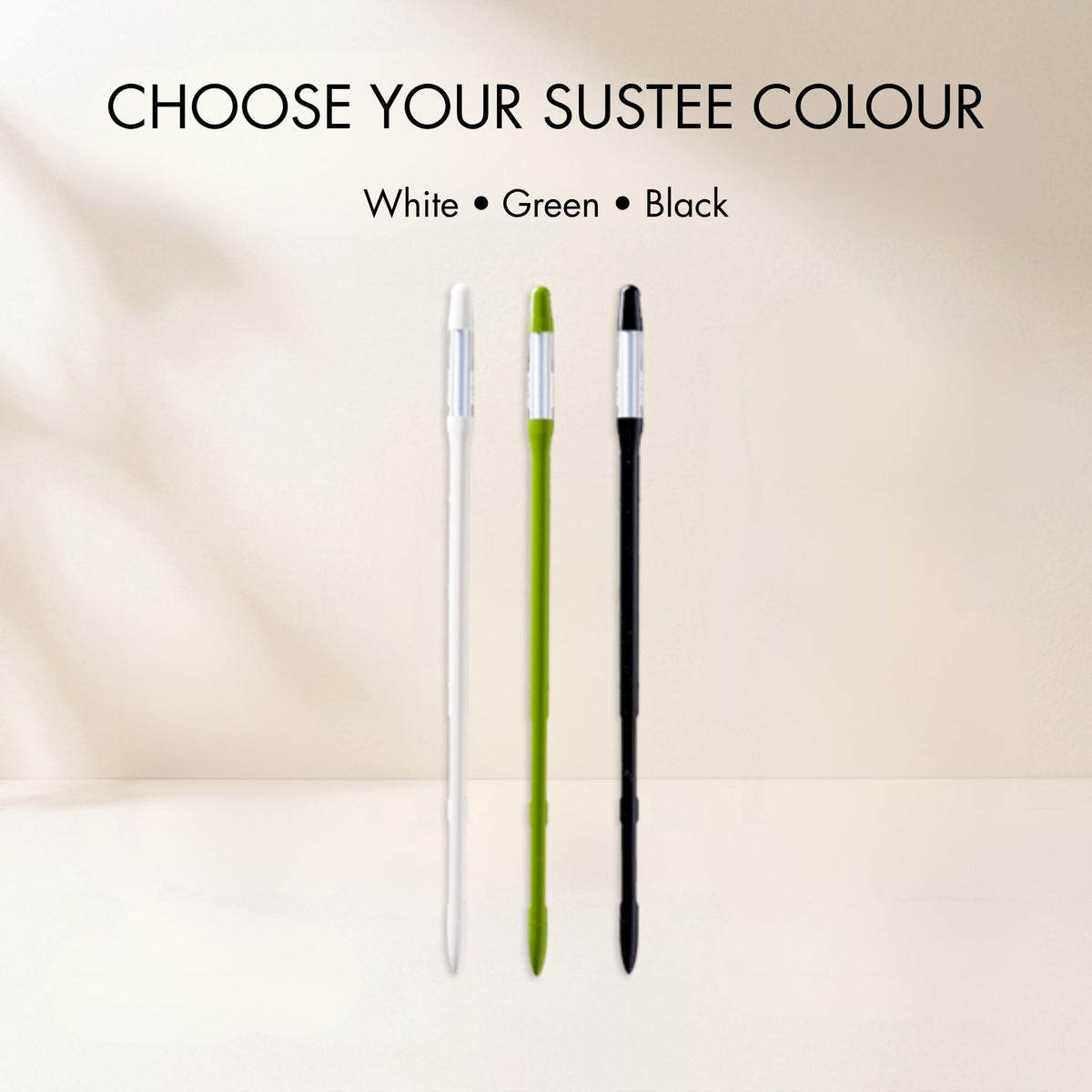 Three Sustees in white, green, and black, displayed vertically on a light beige background with the text 'CHOOSE YOUR SUSTEE COLOUR' above them.