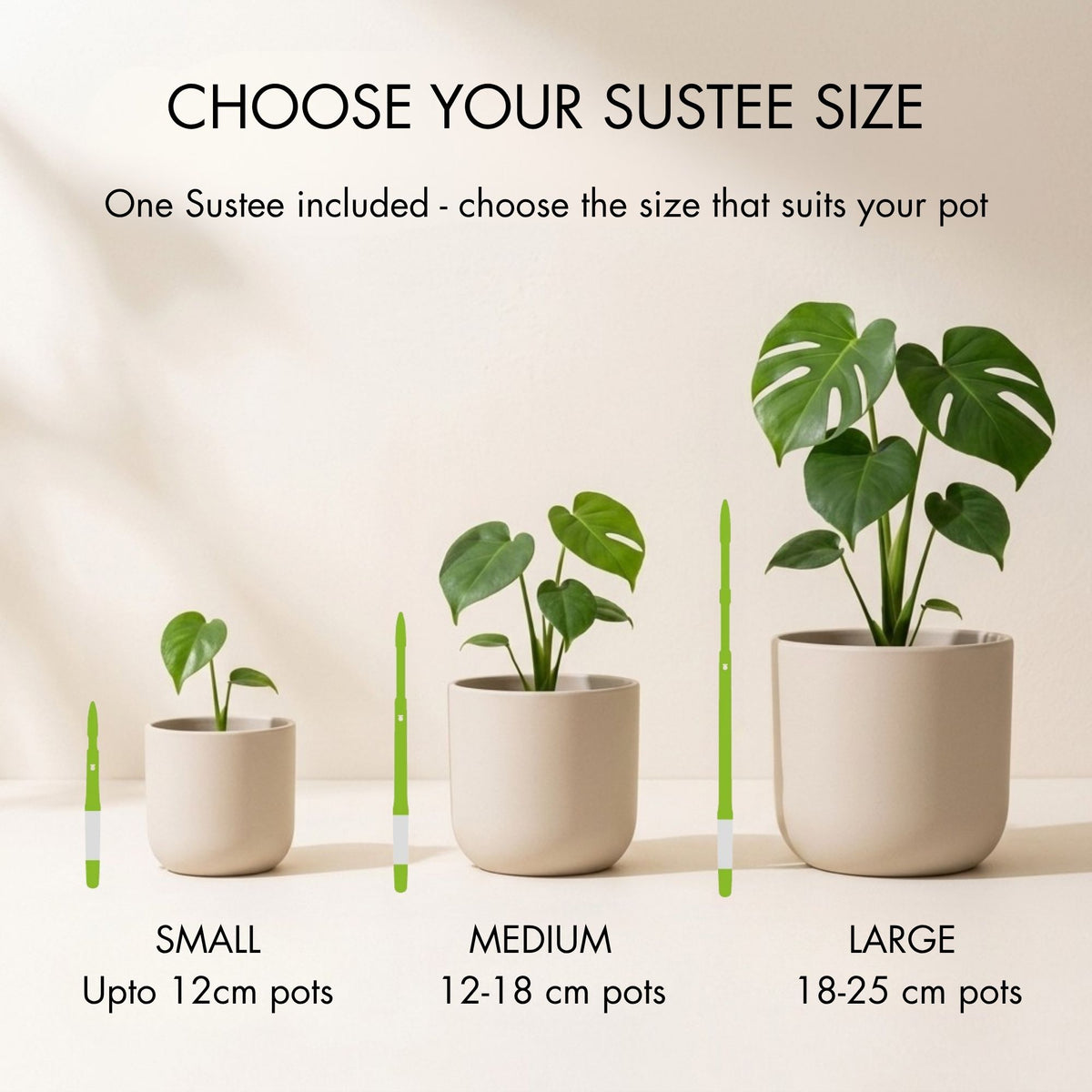 Size guide for Sustee plant pots showing three growing plant examples labeled Small, Medium, and Large with text indicating pot heights up to 12 cm, 12-18 cm, and 18-25 cm, under the heading 'CHOOSE YOUR SUSTEE SIZE'.