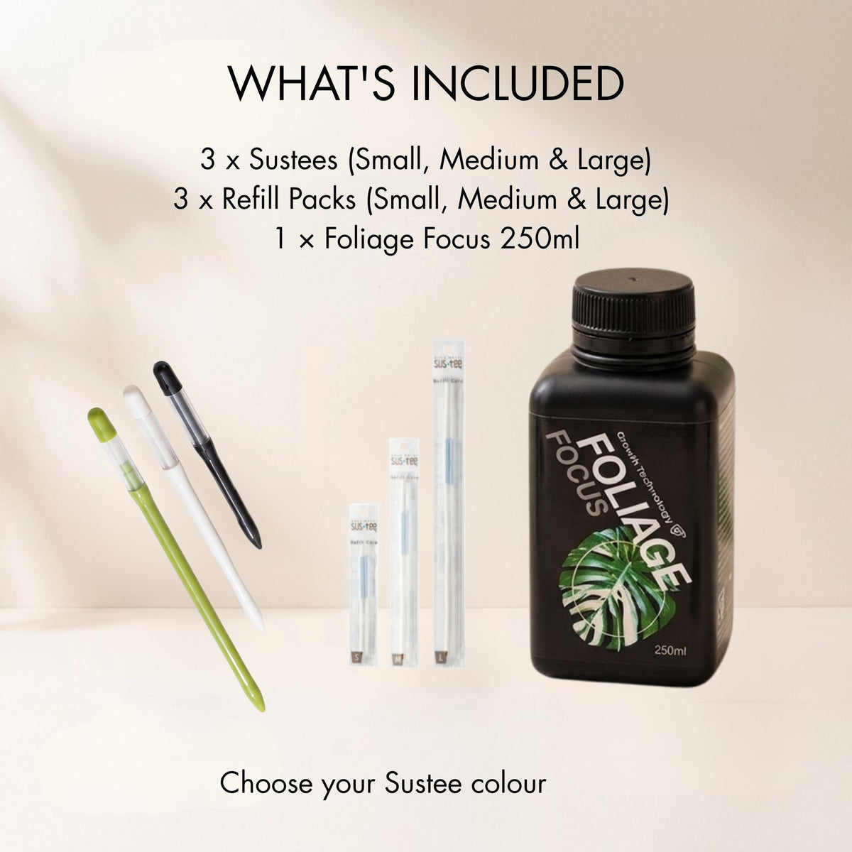 Product listing graphic showing a bottle of Sustees liquid with three applicator pens and several small refill tubes beside it, with text listing included items and the option to choose Sustees color.